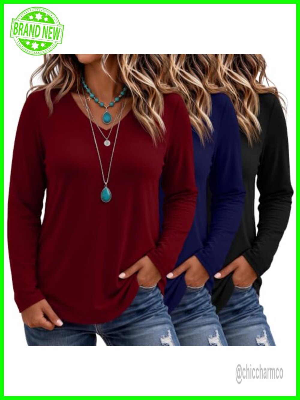 Women's Plus Size V Neck Long Sleeve Tunic Tops 3 Pack